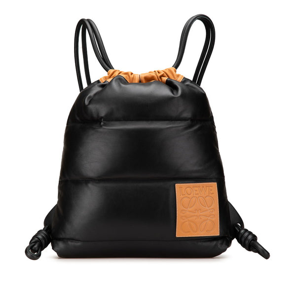 ロエベ ヤゴ パフィー リュック バックパック ブラック ブラウン ナイロン ナパレザー レディース LOEWE 【中古】