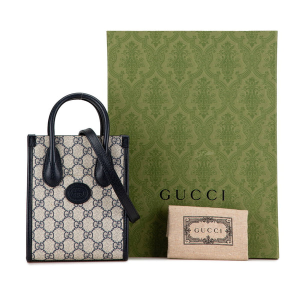 グッチ GGスプリーム インターロッキングG ミニトートバッグ ショルダーバッグ 2WAY 671623 ベージュ ネイビー PVC レザー レディース GUCCI 【中古】