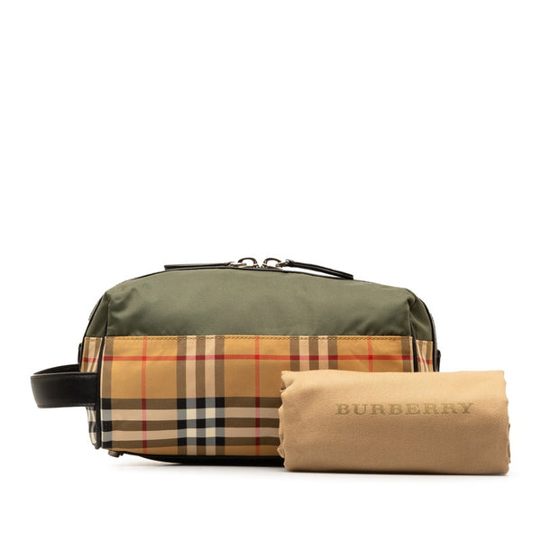 バーバリー ノバチェック セカンドバッグ ポーチ グリーン ブラウン ナイロン レザー レディース BURBERRY 【中古】