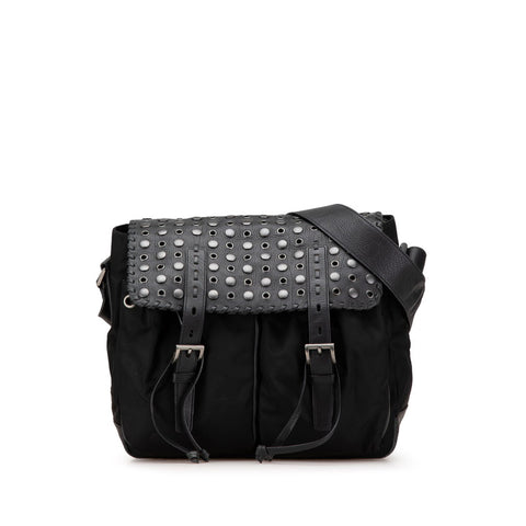 プラダ スタッズ 斜め掛け ショルダーバッグ ブラック ナイロン レザー レディース PRADA 【中古】
