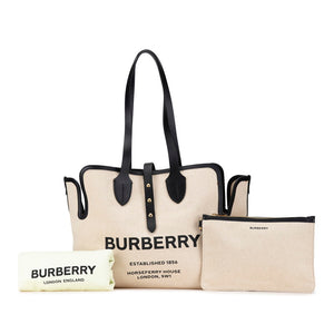 バーバリー ロゴ トートバッグ ショルダーバッグ 8031318 ナチュラル ブラック キャンバス レザー レディース BURBERRY 【中古】