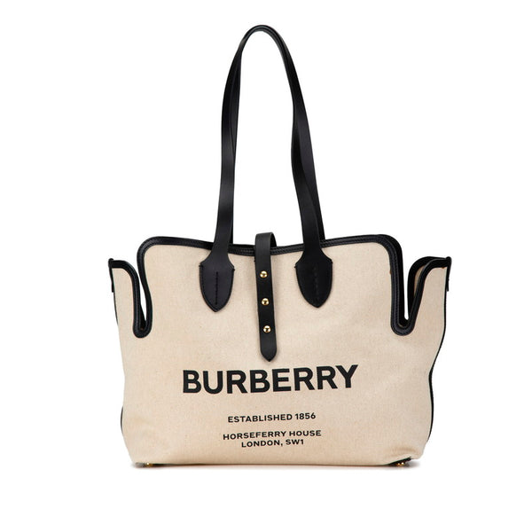 バーバリー ロゴ トートバッグ ショルダーバッグ 8031318 ナチュラル ブラック キャンバス レザー レディース BURBERRY 【中古】