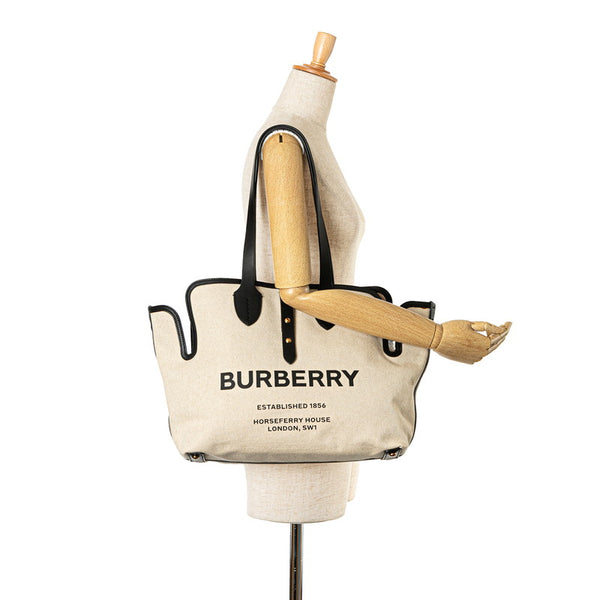 バーバリー ロゴ トートバッグ ショルダーバッグ 8031318 ナチュラル ブラック キャンバス レザー レディース BURBERRY 【中古】