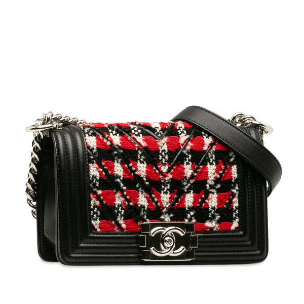 シャネル ボーイシャネル スモール チェーン ショルダーバッグ  ブラック レッド ツイード レザー レディース CHANEL 【中古】