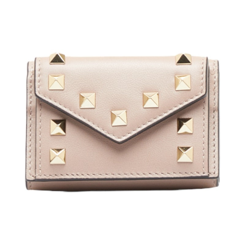 ヴァレンティノ ROCKSTUD MINI TRIFOLD WALLET 三つ折り財布 コンパクトウォレット ベージュ レザー レディース VALENTINO 【中古】