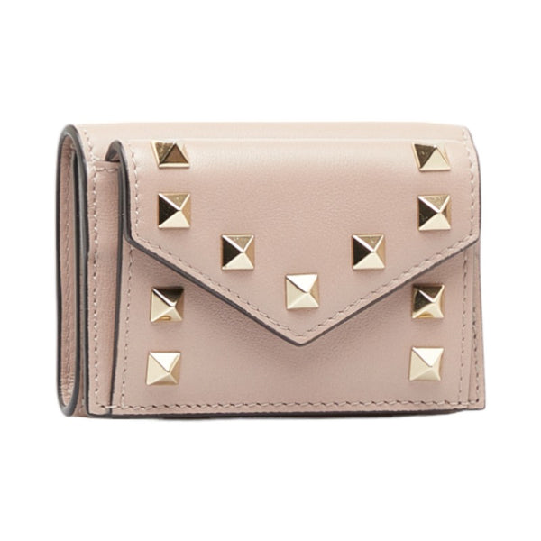 ヴァレンティノ ROCKSTUD MINI TRIFOLD WALLET 三つ折り財布 コンパクトウォレット ベージュ レザー レディース VALENTINO 【中古】