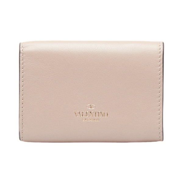 ヴァレンティノ ROCKSTUD MINI TRIFOLD WALLET 三つ折り財布 コンパクトウォレット ベージュ レザー レディース VALENTINO 【中古】