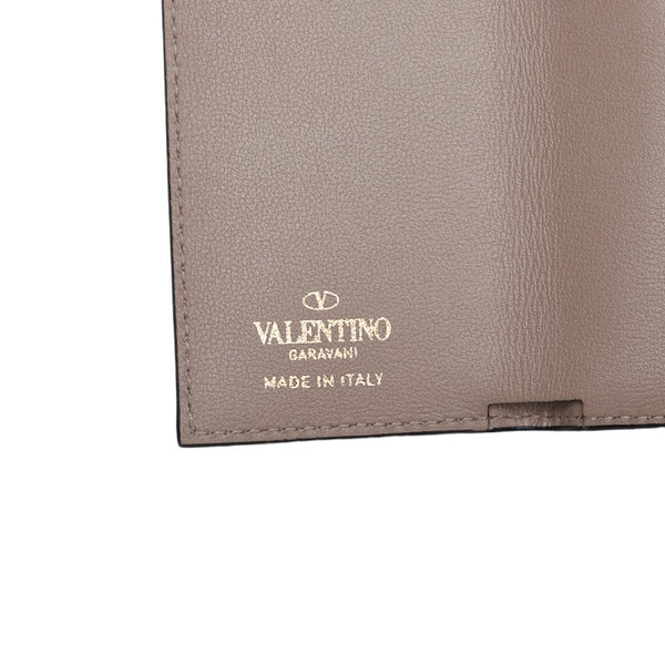 ヴァレンティノ ROCKSTUD MINI TRIFOLD WALLET 三つ折り財布 コンパクトウォレット ベージュ レザー レディース VALENTINO 【中古】