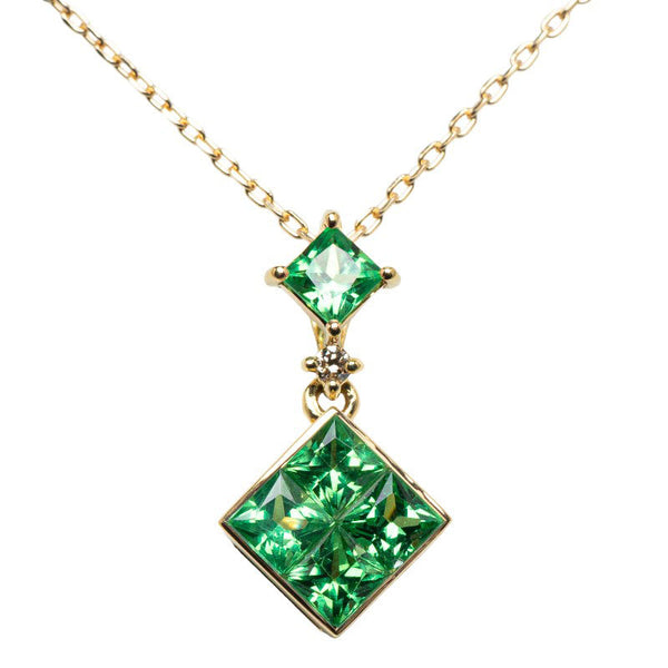 K18YG イエローゴールド グリーンガーネット0.35ct ダイヤ0.005ct スクエア ネックレス レディース 【中古】