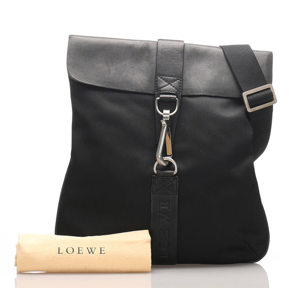 ロエベ ブラック キャンバス レザー ショルダーバッグ レディース LOEWE 中古