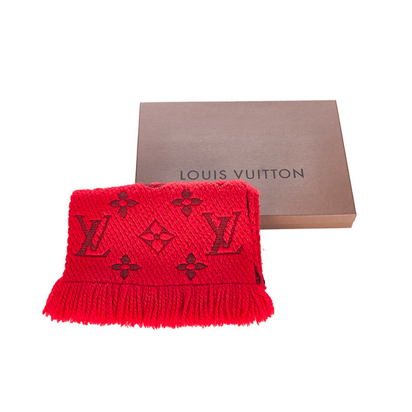 ルイ ヴィトン モノグラム エシャルプ ロゴマニア M72432 レッド ウール シルク マフラー レディース LOUIS VUITTON 【中古】