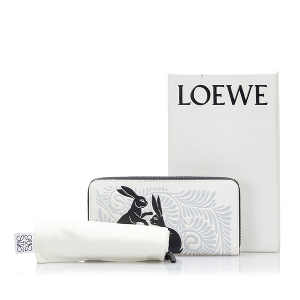 ロエベ ウサギ 兎 アニマル ラウンドファスナー 長財布 ホワイト ブラック レザー レディース LOEWE 【中古】