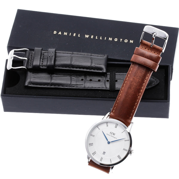 ダニエルウェリントン シルバー ブラウン レザー ステンレススチール 腕時計 メンズ Daniel Wellington クオーツ ホワイト文字盤 中古