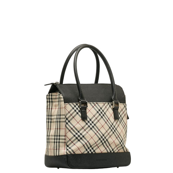 バーバリー ノバチェック ロゴ型押し ハンドバッグ ベージュ ブラック キャンバス レザー レディース BURBERRY 【中古】