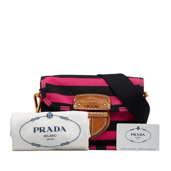 プラダ ボーダー 斜め掛け ショルダーバッグ BT0785 ブラック ピンク キャンバス レザー レディース PRADA 【中古】