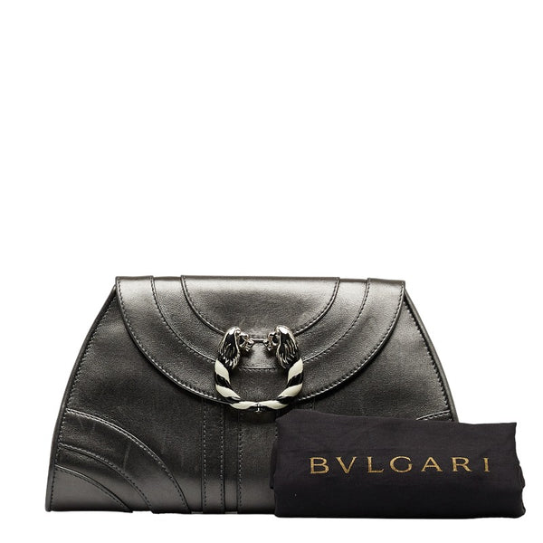 ブルガリ レオーニ クラッチバッグ シルバー グレー レザー レディース BVLGARI 【中古】