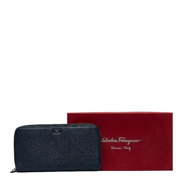 サルヴァトーレフェラガモ ガンチーニ 二つ折り財布 長財布 ネイビー レザー レディース Salvatore Ferragamo 【中古】