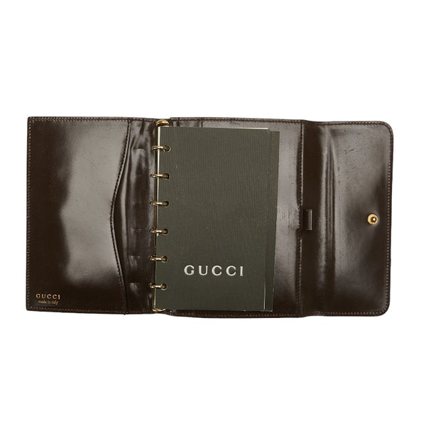 グッチ ロゴプレート ゴールド金具 アジェンダ 6穴 手帳カバー ブラウン レザー レディース GUCCI 【中古】