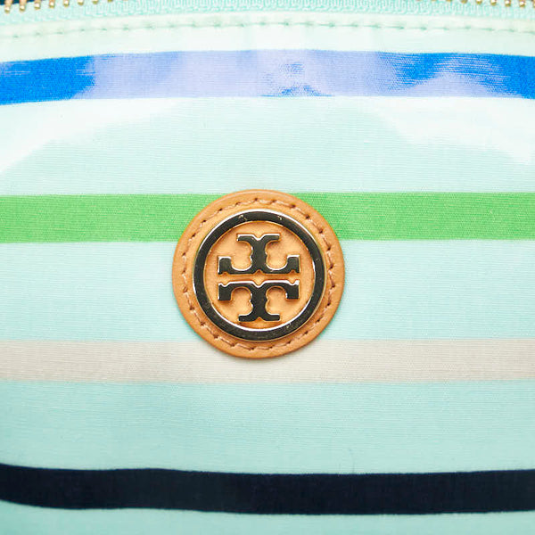 トリーバーチ ボーダー コスメポーチ アクセサリーポーチ 小物入れ グリーン マルチカラー ビニール レディース Tory Burch 【中古】