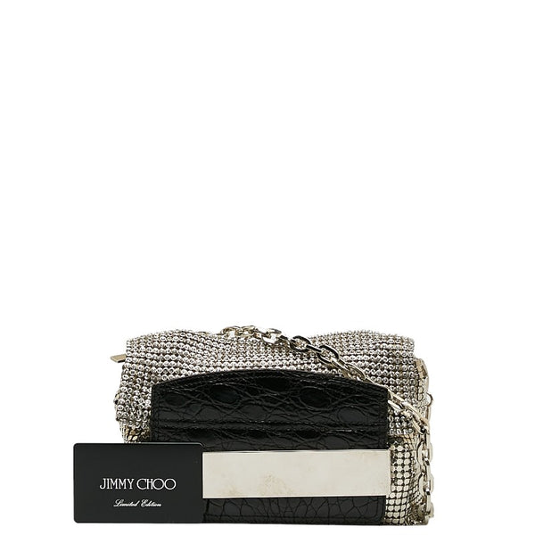 ジミーチュウ クロコ型押し チェーン ワンショルダーバッグ シルバー ブラック レザー メタル レディース JIMMY CHOO 【中古】