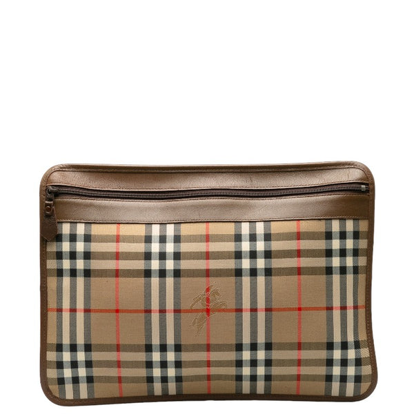 バーバリー ノバチェック シャドーホース クラッチバッグ ベージュ ブラウン キャンバス レザー レディース BURBERRY 【中古】