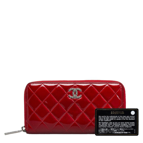 シャネル ブリリアント マトラッセ ココマーク ラウンドファスナー 長財布 レッド エナメル カーフ レディース CHANEL 【中古】