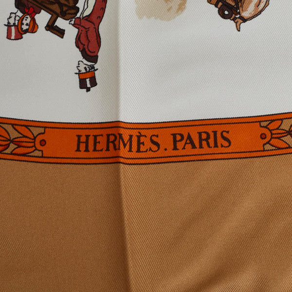 エルメス カレ90 LA PROMENADE DE LONGCHAMPS ロンシャンへの道 スカーフ ブラウン ホワイト マルチカラー シルク レディース HERMES 【中古】