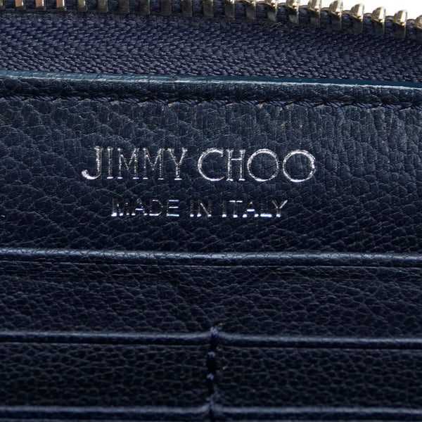 ジミーチュウ ラウンドファスナー クリスタル ロングウォレット 長財布 01388L ネイビー シルバー レザー レディース JIMMY CHOO 【中古】