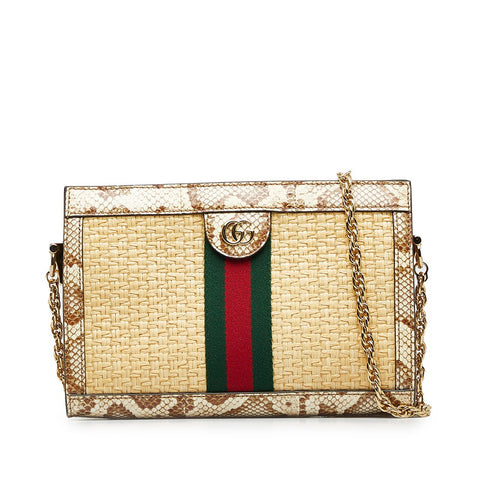 グッチ オフィディア シェリーライン チェーン ショルダーバッグ 503877 ベージュ ラフィア パイソン レディース GUCCI 【中古】