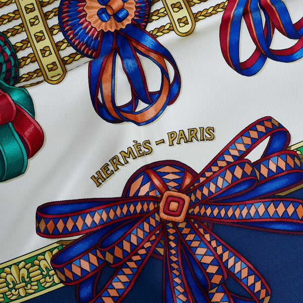 エルメス カレ90 馬のリボン LES RUBANS DU CHEVAL スカーフ ブルー ゴールド シルク レディース HERMES 【中古】