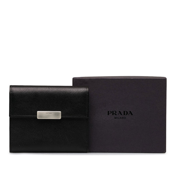 プラダ サフィアーノ 二つ折り財布 ブラック レザー レディース PRADA 【中古】