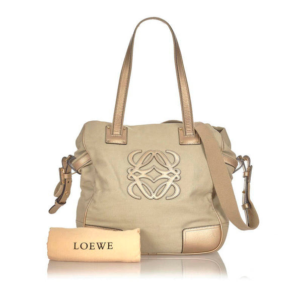 ロエベ アナグラム ボルソダッフル ベージュ ゴールド キャンバス レザー ショルダーバッグ レディース LOEWE 【中古】