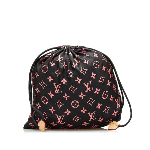 ルイ ヴィトン モノグラム 巾着ポーチ ブラック ピンク シルク レザー レディース LOUIS VUITTON 【中古】