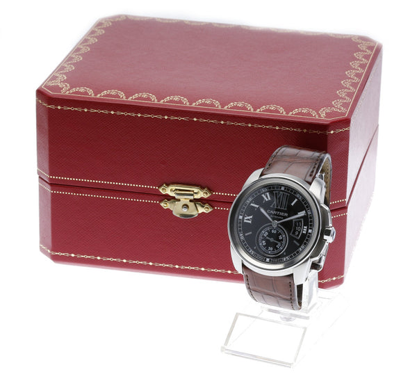 カルティエ カリブル ドゥ カルティエ シースルーバック W7100014 ブラウン ステンレススチール レザー 腕時計 メンズ CARTIER 自動巻き ブラック文字盤 中古