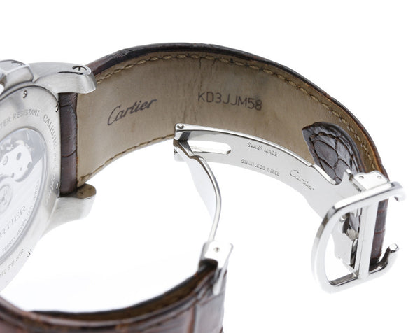 カルティエ カリブル ドゥ カルティエ シースルーバック W7100014 ブラウン ステンレススチール レザー 腕時計 メンズ CARTIER 自動巻き ブラック文字盤 中古