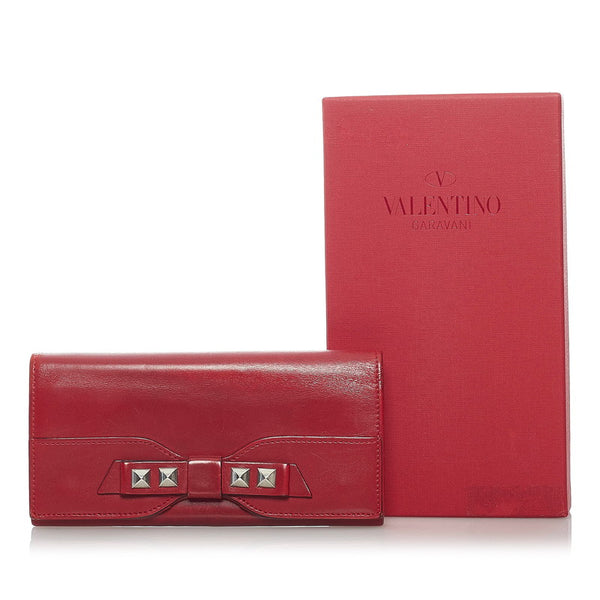 ヴァレンティノ リボン スタッズ 長財布 レッド レザー レディース VALENTINO 【中古】