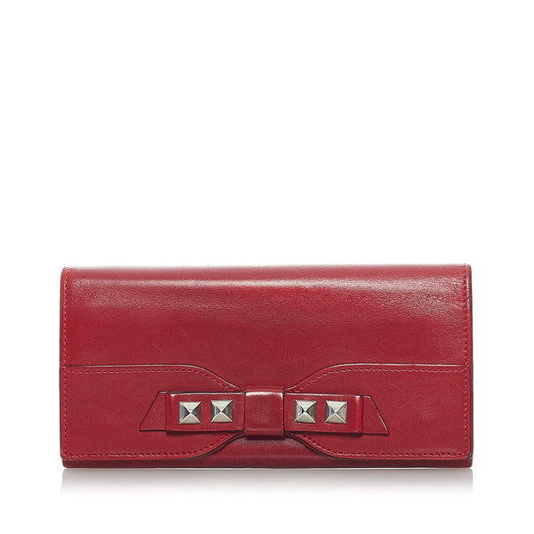 ヴァレンティノ リボン スタッズ 長財布 レッド レザー レディース VALENTINO 【中古】