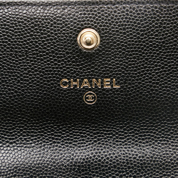 シャネル マトラッセ ココマーク フェイクパール チェーン コインパース カードケース ブラック キャビアスキン レディース CHANEL 【中古】