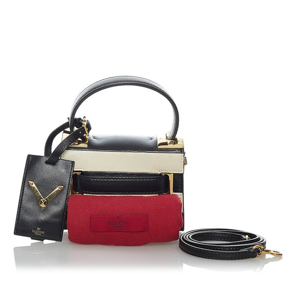 ヴァレンチノ マイロックスタッズ ミニ  ボーダー ハンドバッグ ショルダーバッグ 2WAY ブラック ホワイト  レザー レディース Valentino 【中古】