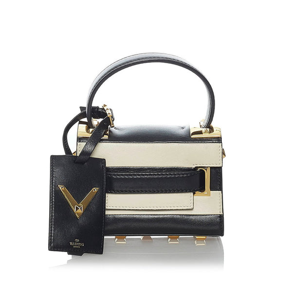 ヴァレンチノ マイロックスタッズ ミニ  ボーダー ハンドバッグ ショルダーバッグ 2WAY ブラック ホワイト  レザー レディース Valentino 【中古】